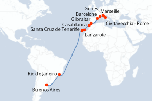 carte itinéraire croisière Transatlantique 25 jours au départ du port de Buenos Aires