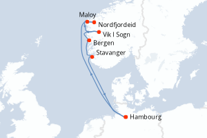 Carte de l'itinéraire de croisière Hambourg-Hambourg d'une durée de 8 jours