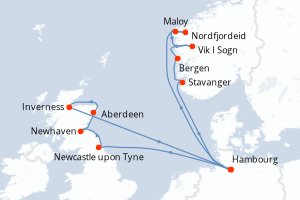 carte itinéraire croisière Fjörds norvégiens 15 jours au départ du port de Hambourg