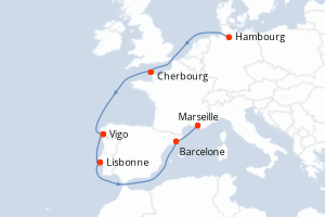carte itinéraire croisière Europe du Nord 9 jours au départ du port de Hambourg