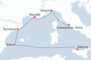 Carte de l'itinéraire de croisière Civitavecchia - Rome-Palerme d'une durée de 6 jours