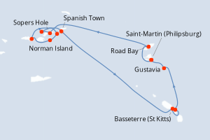 Carte itinéraire croisière Îles au Trésor - 7 jours au départ de Saint-Martin (Philipsburg) - Caraïbes Bahamas