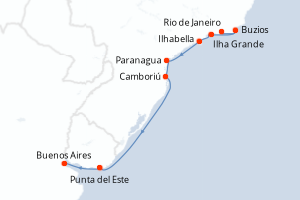 Carte de l'itinéraire de croisière Rio de Janeiro-Buenos Aires d'une durée de 12 jours