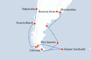 Carte de l'itinéraire de croisière Buenos Aires-Valparaíso d'une durée de 18 jours