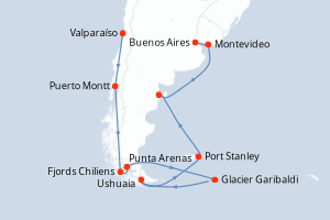 Carte de l'itinéraire de croisière Valparaíso-Buenos Aires d'une durée de 18 jours