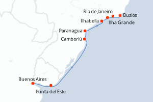 Carte de l'itinéraire de croisière Buenos Aires-Rio de Janeiro d'une durée de 12 jours