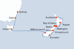 Carte de l'itinéraire de croisière Auckland-Sydney d'une durée de 16 jours