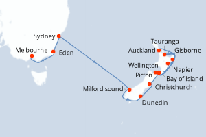 carte itinéraire croisière Australie Nouvelle Zélande 16 jours au départ du port de Melbourne