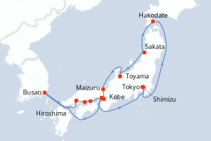 Carte itinéraire croisière Japon, Corée du Sud - 15 jours au départ de Tokyo - Asie