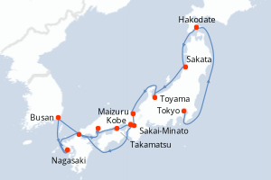 Carte de l'itinéraire de croisière Tokyo-Kobe d'une durée de 14 jours