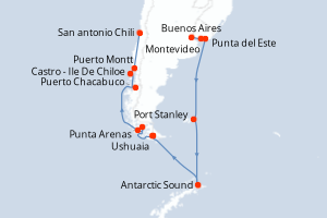 Carte de l'itinéraire de croisière Buenos Aires-San antonio Chili d'une durée de 22 jours