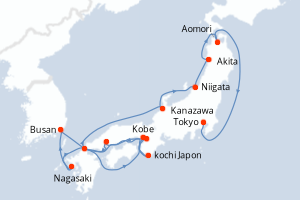 Carte de l'itinéraire de croisière Kobe-Tokyo d'une durée de 14 jours