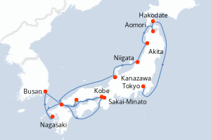 Carte itinéraire croisière Japon, Corée du Sud - 14 jours au départ de Kobe - Asie