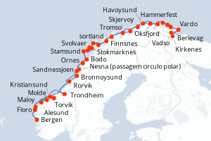 Carte de l'itinéraire de croisière Bergen-Bergen d'une durée de 13 jours