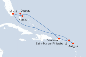 carte itinéraire croisière Caraïbes Bahamas 9 jours au départ du port de Miami
