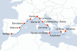 carte itinéraire croisière Sicile 13 jours au départ du port de Le Piree - Athenes