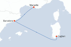 Carte de l'itinéraire de croisière Marseille-Cagliari d'une durée de 3 jours
