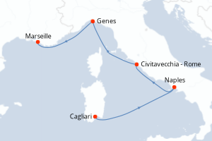 Carte de l'itinéraire de croisière Cagliari-Marseille d'une durée de 4 jours