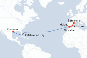 carte itinéraire croisière Transatlantique 15 jours au départ du port de Barcelone