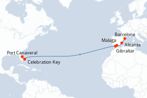 carte itinéraire croisière Transatlantique 13 jours au départ du port de Barcelone