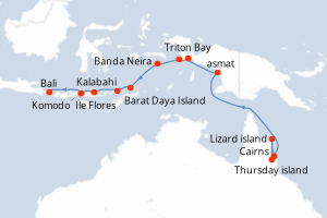 Carte de l'itinéraire de croisière Cairns-Bali d'une durée de 15 jours