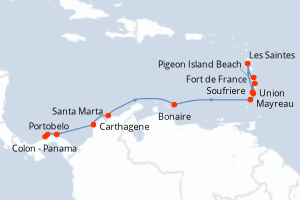 Carte de l'itinéraire de croisière Colon - Panama-Fort de France d'une durée de 12 jours