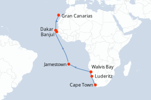 Carte de l'itinéraire de croisière Cape Town-Gran Canarias d'une durée de 18 jours