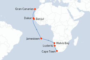 Carte de l'itinéraire de croisière Gran Canarias-Cape Town d'une durée de 18 jours
