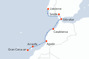 carte itinéraire croisière Atlantique 8 jours au départ du port de Gran Canarias
