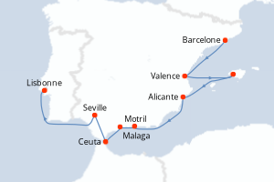 carte itinéraire croisière Atlantique 11 jours au départ du port de Barcelone