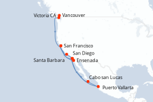 Carte de l'itinéraire de croisière Vancouver-San Diego d'une durée de 20 jours