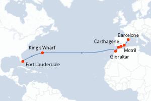 Carte de l'itinéraire de croisière Barcelone-Fort Lauderdale d'une durée de 15 jours