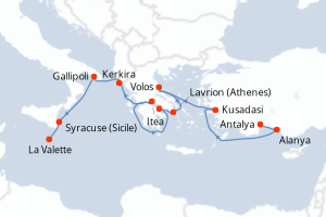 carte itinéraire croisière Sicile 10 jours au départ du port de Antalya