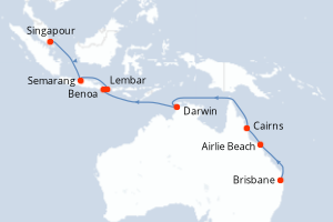 Carte de l'itinéraire de croisière Brisbane-Singapour d'une durée de 18 jours