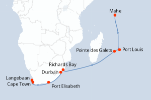 Carte de l'itinéraire de croisière Mahe-Cape Town d'une durée de 14 jours