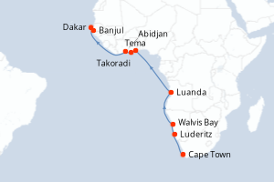 Carte de l'itinéraire de croisière Cape Town-Dakar d'une durée de 19 jours