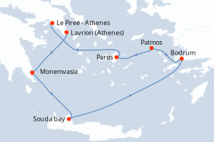 Carte de l'itinéraire de croisière Lavrion (Athenes)-Le Piree - Athenes d'une durée de 6 jours