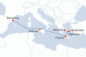 carte itinéraire croisière Sicile 7 jours au départ du port de Barcelone