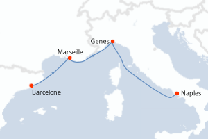 Carte de l'itinéraire de croisière Barcelone-Naples d'une durée de 3 jours