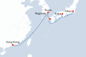 Carte de l'itinéraire de croisière Tokyo-Hong Kong d'une durée de 7 jours