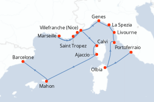 carte itinéraire croisière Sardaigne 15 jours au départ du port de Civitavecchia - Rome
