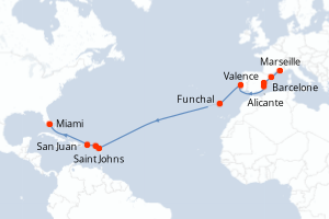 carte itinéraire croisière Transatlantique 18 jours au départ du port de Marseille