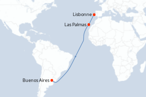 carte itinéraire croisière Amérique du Sud 19 jours au départ du port de Lisbonne