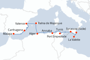 Carte de l'itinéraire de croisière La Valette-Malaga d'une durée de 9 jours