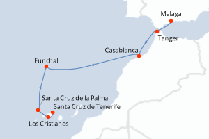 Carte de l'itinéraire de croisière Malaga-Santa Cruz de Tenerife d'une durée de 8 jours