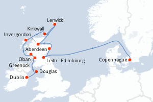 Carte de l'itinéraire de croisière Copenhague-Dublin d'une durée de 12 jours