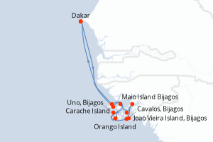 Carte de l'itinéraire de croisière Dakar-Dakar d'une durée de 8 jours