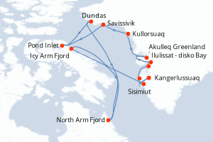 Carte de l'itinéraire de croisière Kangerlussuaq-Kangerlussuaq d'une durée de 13 jours