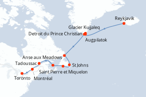 carte itinéraire croisière Saint Laurent 15 jours au départ du port de Reykjavik