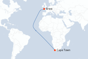 Carte de l'itinéraire de croisière Cape Town-Brest d'une durée de 20 jours